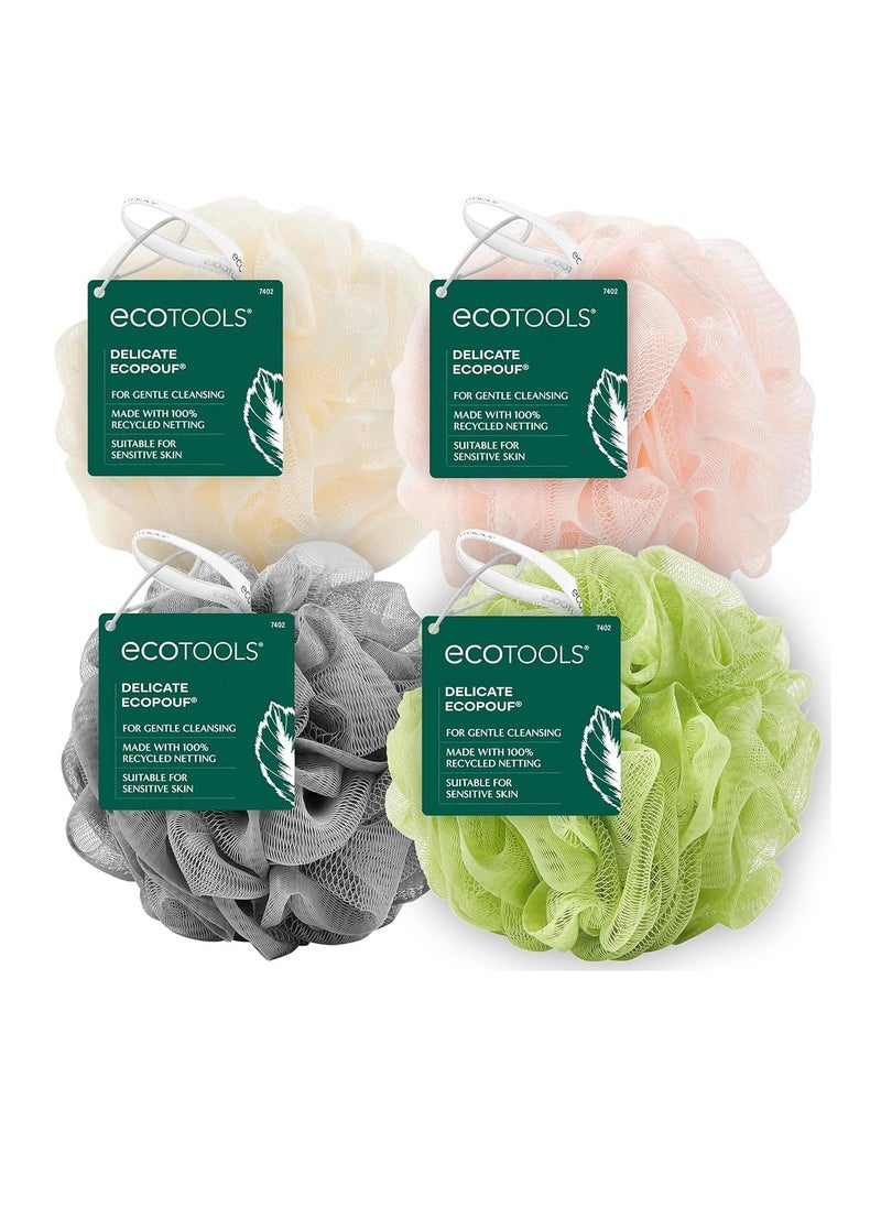 EcoTools Delicate EcoPouf 4 Pack, Loofah Sponge for Bath & Shower, Recycled Netting, Gentle Exfoliation, Pouf for Body Wash, Eco-Friendly Bath Accessory, Cruelty-Free, Color May Vary, (60g Each)