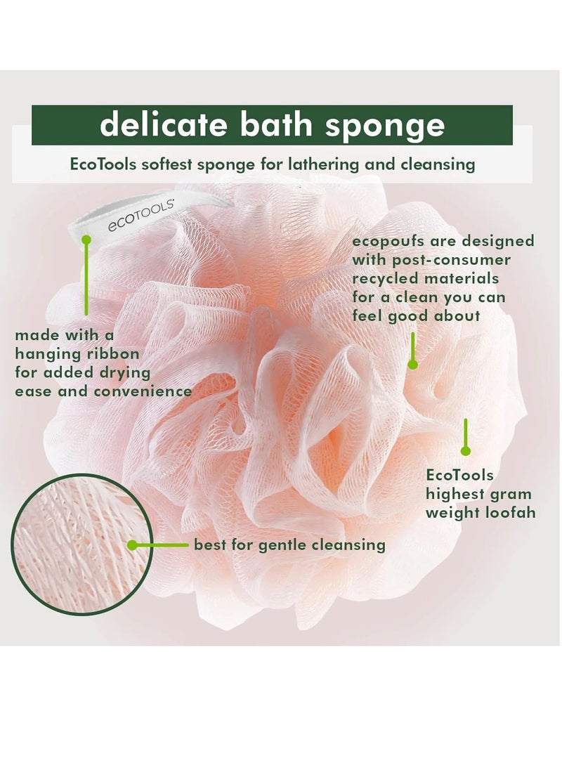 EcoTools Delicate EcoPouf 4 Pack, Loofah Sponge for Bath & Shower, Recycled Netting, Gentle Exfoliation, Pouf for Body Wash, Eco-Friendly Bath Accessory, Cruelty-Free, Color May Vary, (60g Each)