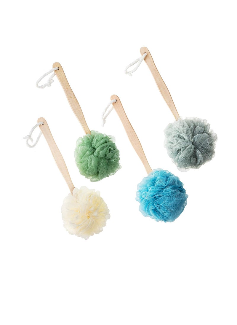 4 Pack Large Bath Puff Loofah Sponge With Long Handle Shower Loofah, Bath Body Back Brush, Spa Brush for Women and Men(4 Color)