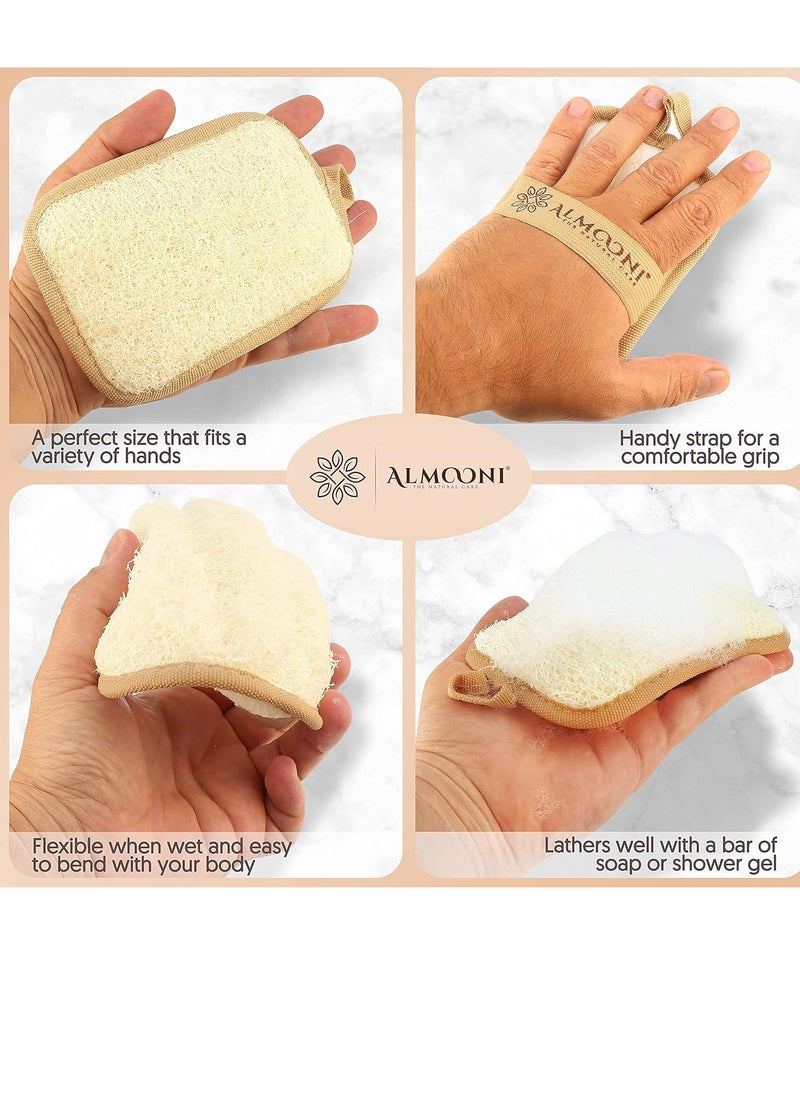 Almooni Premium Egyptian Exfoliating Loofah Pad Body Scrubber - Rectangular loofa Shape - Made with Natural Egyptian Shower lufa Sponge That Gets You Clean, Not Just Spreading Soap (2 Pack)