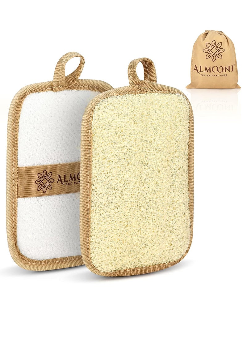 Almooni Premium Egyptian Exfoliating Loofah Pad Body Scrubber - Rectangular loofa Shape - Made with Natural Egyptian Shower lufa Sponge That Gets You Clean, Not Just Spreading Soap (2 Pack)