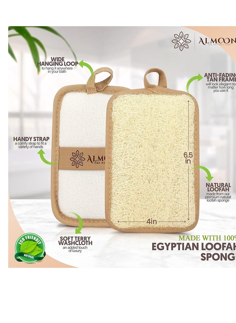 Almooni Premium Egyptian Exfoliating Loofah Pad Body Scrubber - Rectangular loofa Shape - Made with Natural Egyptian Shower lufa Sponge That Gets You Clean, Not Just Spreading Soap (2 Pack)