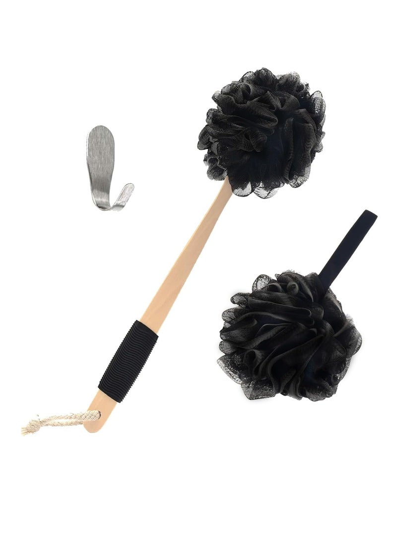 Loofah with Handle | Bamboo Charcoal Infused Loofah Back Scrubber for Shower | Exfoliating Back Loofah for Shower for Men & Women | includes 1 Loofah on a Stick,1 Loofa Pouf and 1 Hook (Black)