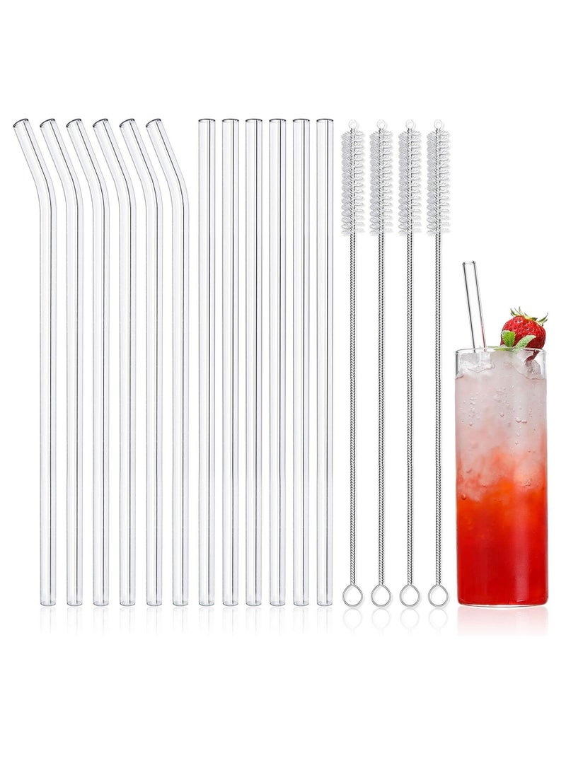 Glass Straws, Reusable Clear High Temperature Resistance, Set of 6 Straight and 6 Bent with 4 Cleaning Brushes, Perfect for Smoothies, Milkshakes, Tea, Juice, Dishwasher Safe (12Pcs)