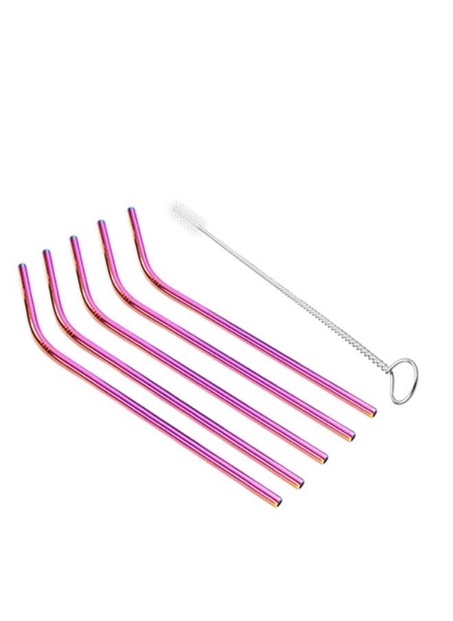 5-Piece Reusable Drinking Straw Set With Cleaning Brush Pink/Silver