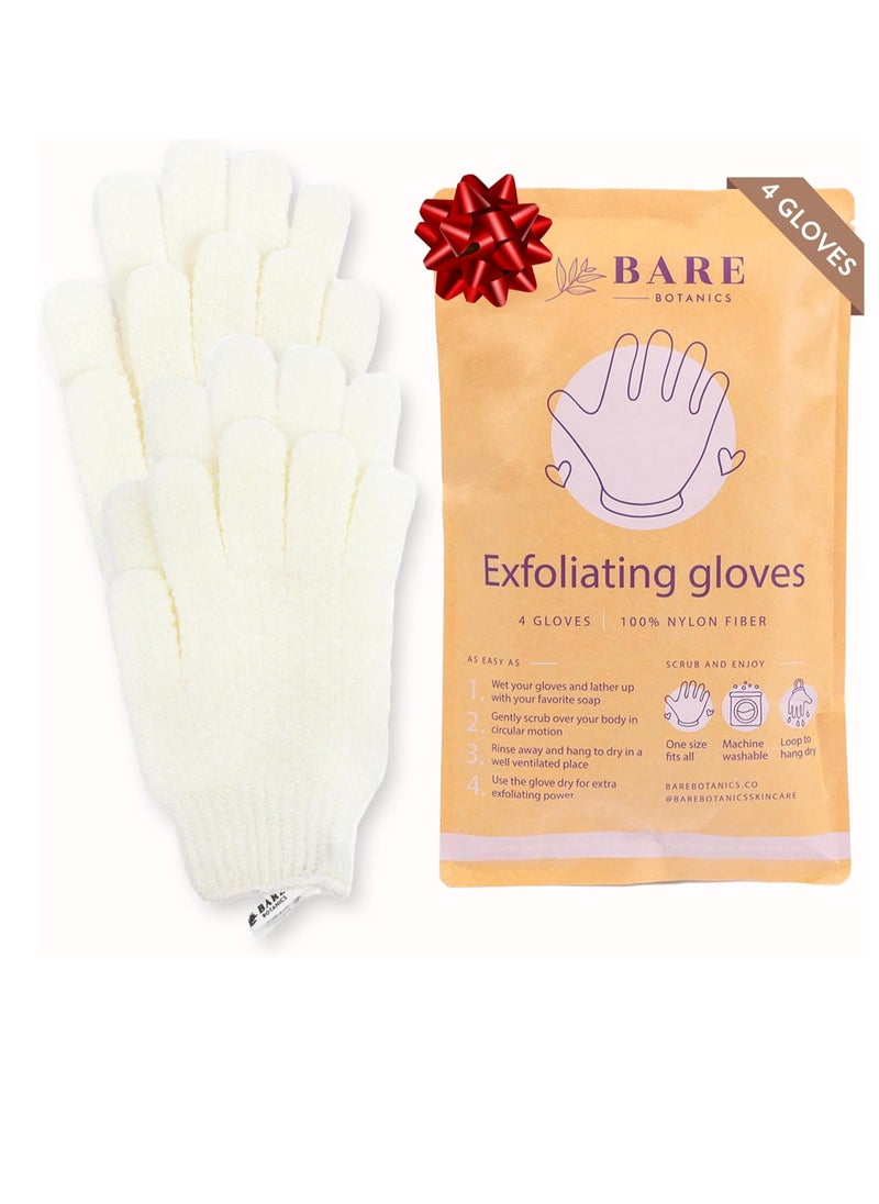 Bare Botanics 4 Pack White Exfoliating Gloves for Shower | 100% Nylon Fibers | Exfoliating Bath Gloves for Shower Exfoliating | Shower Gloves & Dead Skin Remover for Body | Wet & Dry Exfoliating Glove