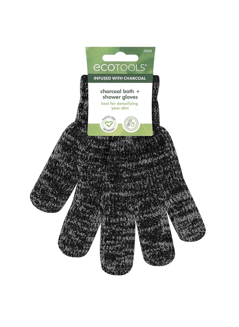 EcoTools Charcoal Bath + Shower Gloves, Exfoliating Gloves Remove Dead Skin & Cleanse Whole Body, Bath Gloves Infused With Charcoal To Scrub & Purify Skin, Cruelty Free, 1 Pair (2 Gloves)