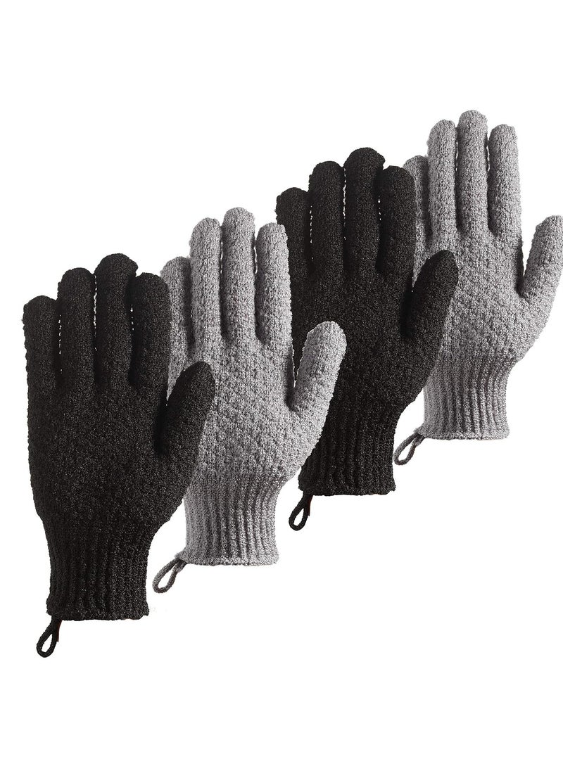 Bath Exfoliating Gloves Scrub - 4 Pcs Lengthened and Large Exfoliating Scrubbing Gloves for Shower, Spa, Massage - Scrub Exfoliating Mitts for Body, Face, Hand and Foot (Black and Gray)