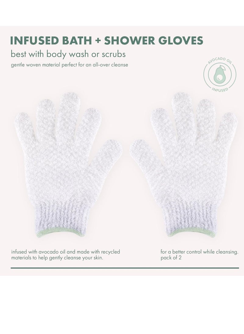 EcoTools Gentle Bath + Shower Gloves, Exfoliating Gloves Remove Dead Skin & Cleanse The Whole Body, Bath Gloves Infused with Avocado Oil to Scrub & Hydrate, Cruelty Free, 1 Pair (2 Gloves)