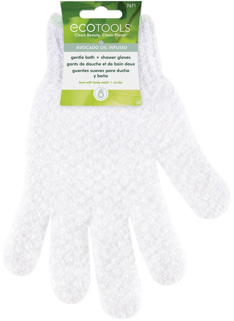 EcoTools Gentle Bath + Shower Gloves, Exfoliating Gloves Remove Dead Skin & Cleanse The Whole Body, Bath Gloves Infused with Avocado Oil to Scrub & Hydrate, Cruelty Free, 1 Pair (2 Gloves)