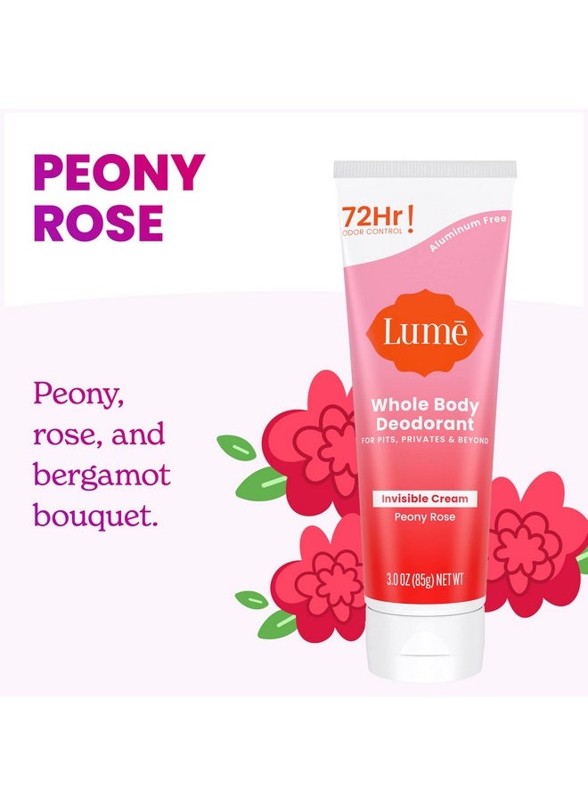 Whole Body Deodorant - Invisible Cream Tube - 72 Hour Odor Control - Aluminum Free, Baking Soda Free, Skin Safe - 3.0 Ounce (Peony Rose)