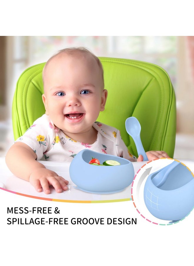 Silicone Suction Bowls For Baby 6 Months Up, Durable Baby Food Bowls And Spoons Feeding Set, Reducing Meal Messes, Non-Slip Design, Bpa-Free Toddler Bowls With Strong Suction, Blue