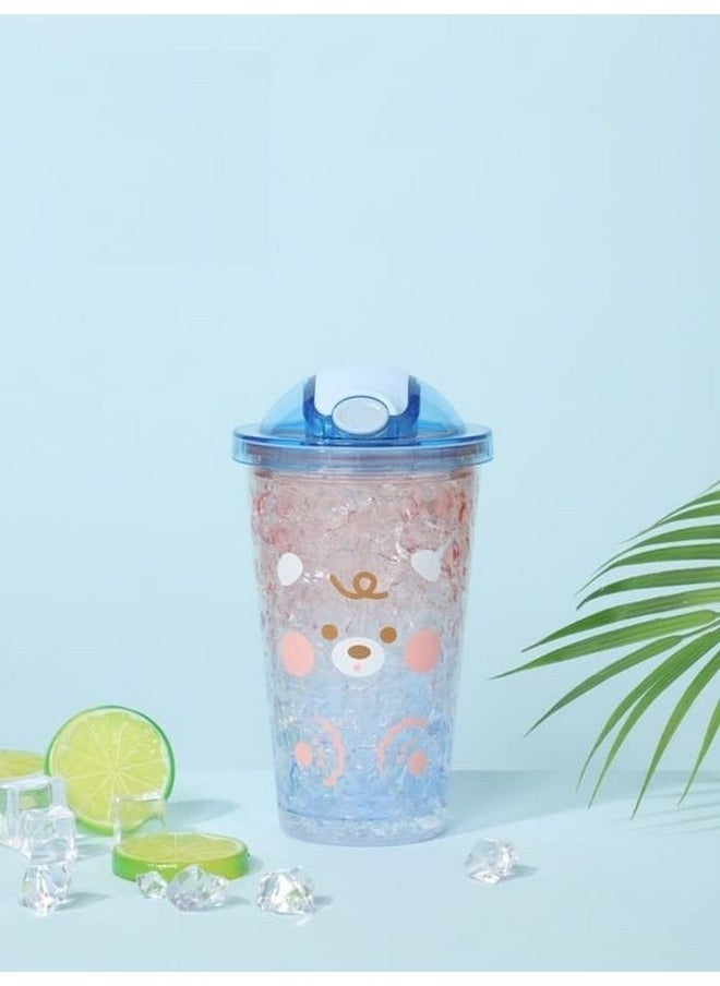 Double Wall Cartoon Printed Sipper With Straw,Jelly Freezer Water Sipper For Kids, Acrylic Sipper Bottle With Straw - 450 Ml (A - Blue)(Bb 9012)