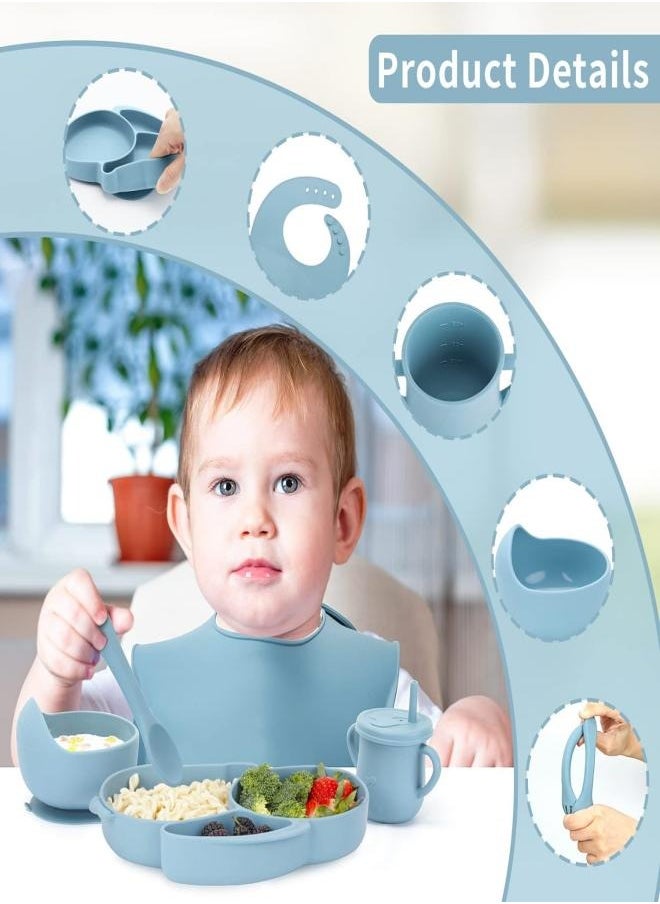 Silicone Baby Feeding Set, 8 Pcs Baby Led Weaning Supplies with Rabbit Suction Plates, Toddler Bowls Forks and Spoons Bib Cup