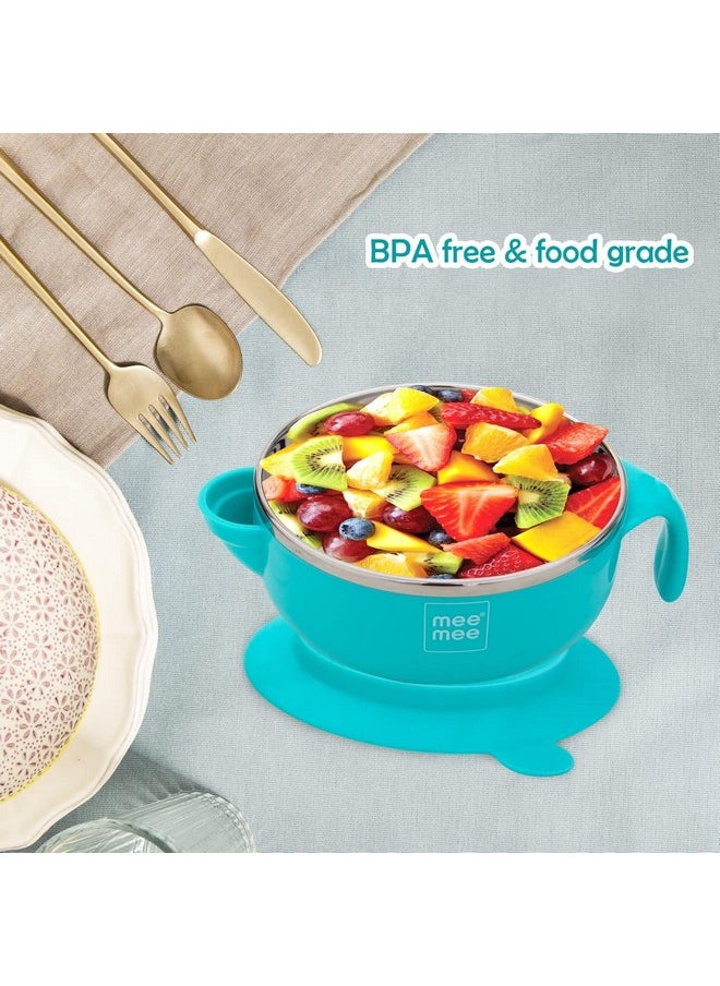 Baby Steel Feeding Bowl With Sunction Base | Bpa Free | Food Remains Warm | Multi-Functional Snack/Fruit | Easy Grip Handle (Blue)