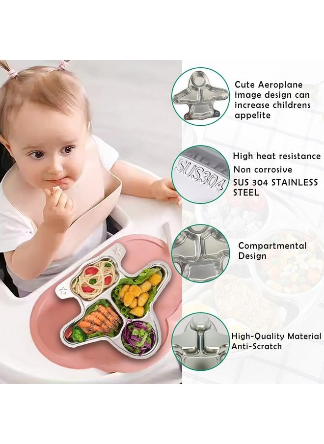 Stainless Steel Divided Meal Plate Tray-4 For Kids, Babies, Toddlers, Baby Feeding Kids Dinner Set With Compartments, Inspiring, Playful Design (Aeroplane)