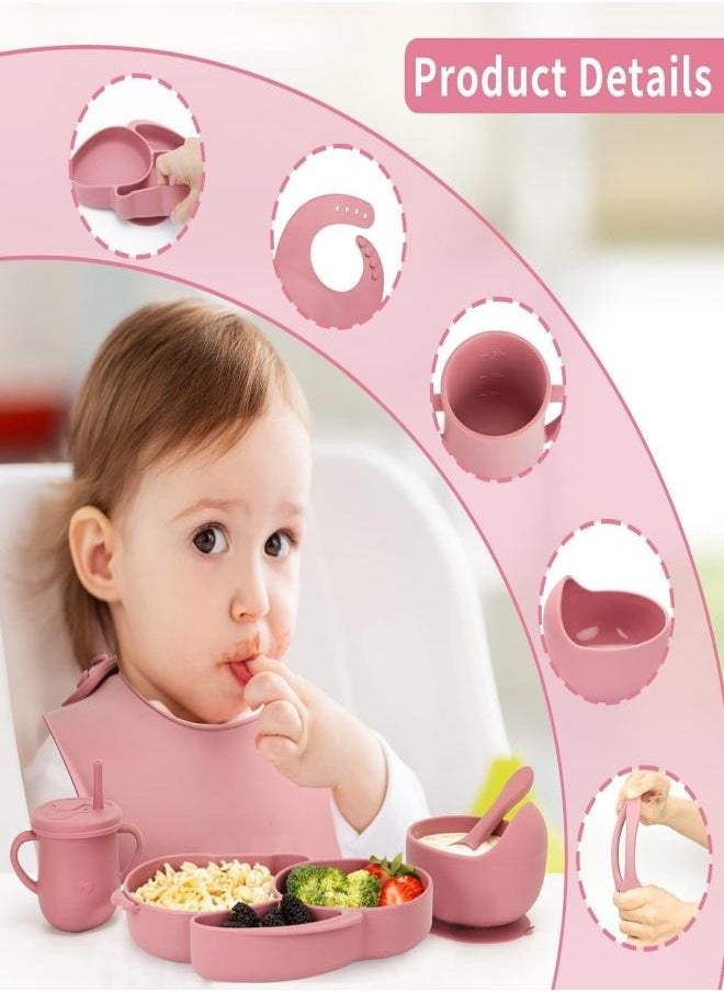 Silicone Baby Feeding Set, 8 Pcs Baby Led Weaning Supplies with Rabbit Suction Plates, Toddler Bowls Forks and Spoons Bib Cup