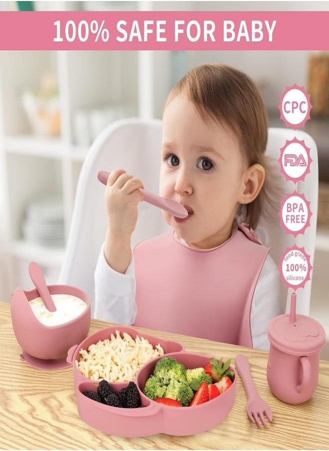 Silicone Baby Feeding Set, 8 Pcs Baby Led Weaning Supplies with Rabbit Suction Plates, Toddler Bowls Forks and Spoons Bib Cup