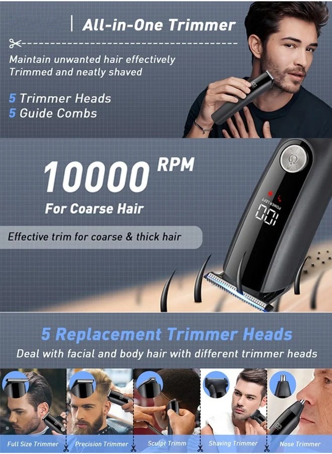 Hair Clipper Cordless Professional 5 in 1 Hair Trimmers Beard Trimmer ,Multifunctional Mens Grooming Kit for Beard Face Nose and Ear Hair USB Rechargeable Electric Shaver for Men with Storage Base