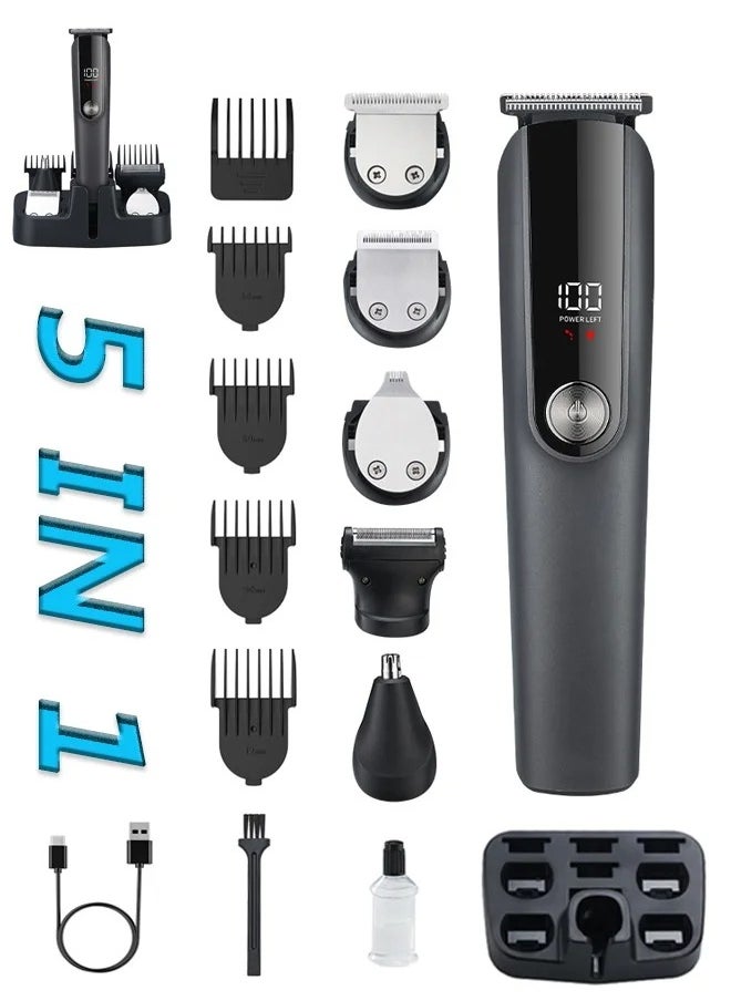 Hair Clipper Cordless Professional 5 in 1 Hair Trimmers Beard Trimmer ,Multifunctional Mens Grooming Kit for Beard Face Nose and Ear Hair USB Rechargeable Electric Shaver for Men with Storage Base