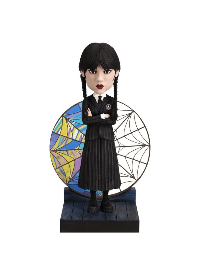 Wednesday Addams With Nevermore Academy Stained Glass Window - 6.75 Inches Tall - Collectible Bobblehead Statue