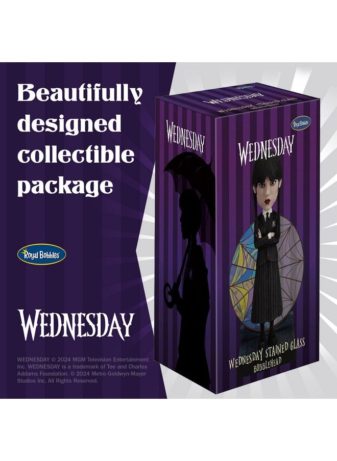 Wednesday Addams With Nevermore Academy Stained Glass Window - 6.75 Inches Tall - Collectible Bobblehead Statue