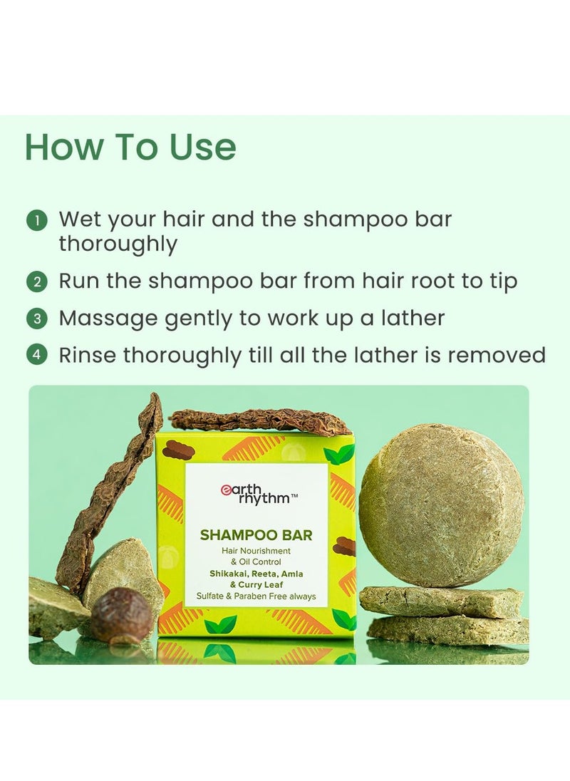 Earth Rhythm Shikakai Shampoo Bar for Hairfall | Contains Shikakai, Curry Leaf, Reeta & Amla Extracts | Men & Women | Sulphate & Paraben Free (Tin Packaging) - 80gm