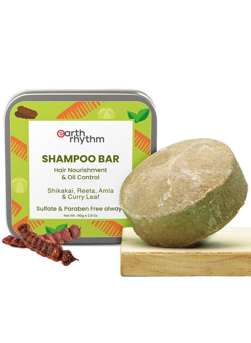 Earth Rhythm Shikakai Shampoo Bar for Hairfall | Contains Shikakai, Curry Leaf, Reeta & Amla Extracts | Men & Women | Sulphate & Paraben Free (Tin Packaging) - 80gm