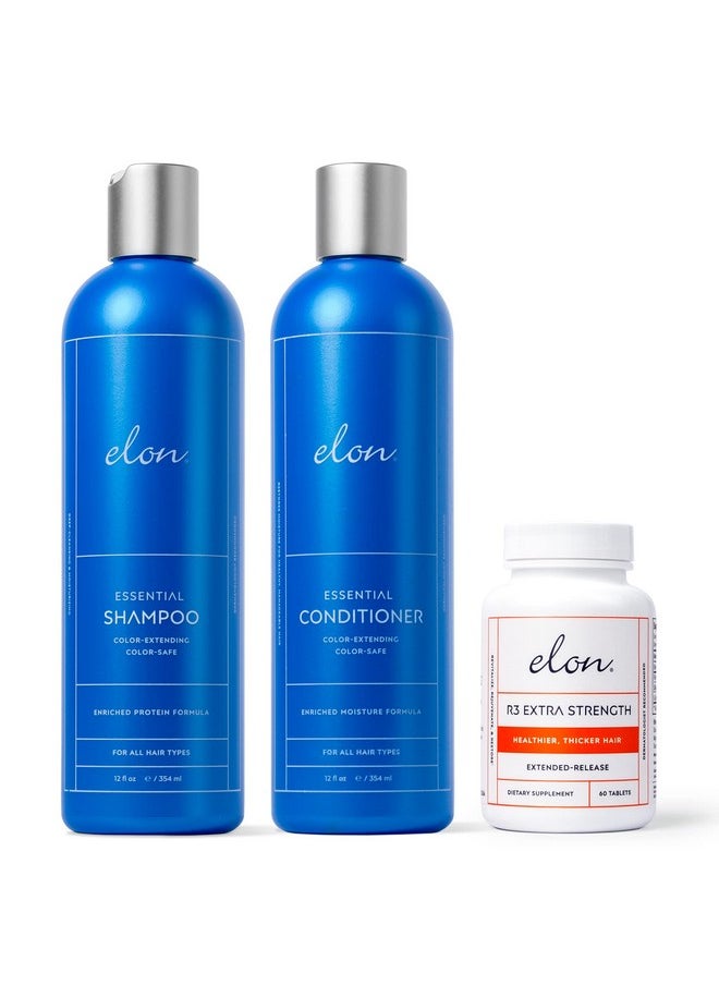 Complete Hair Care Kit For Thinning Hair - Moisture Therapy Shampoo & Conditioner Set + R3 Extra Strength Hair Growth Supplement -Suitable For All Hair Types - No Sulfates, Parabens Or Phthalates