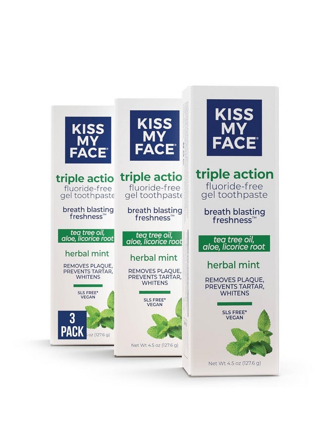 Triple Action Toothpaste Gel, Herbal Mint Flavor, Removes Plaque, Whitens Teeth, Prevents Tartar, With Tea Tree Oil And Aloe, Fluoride Free, Vegan, 4.5 Oz, 3 Pack