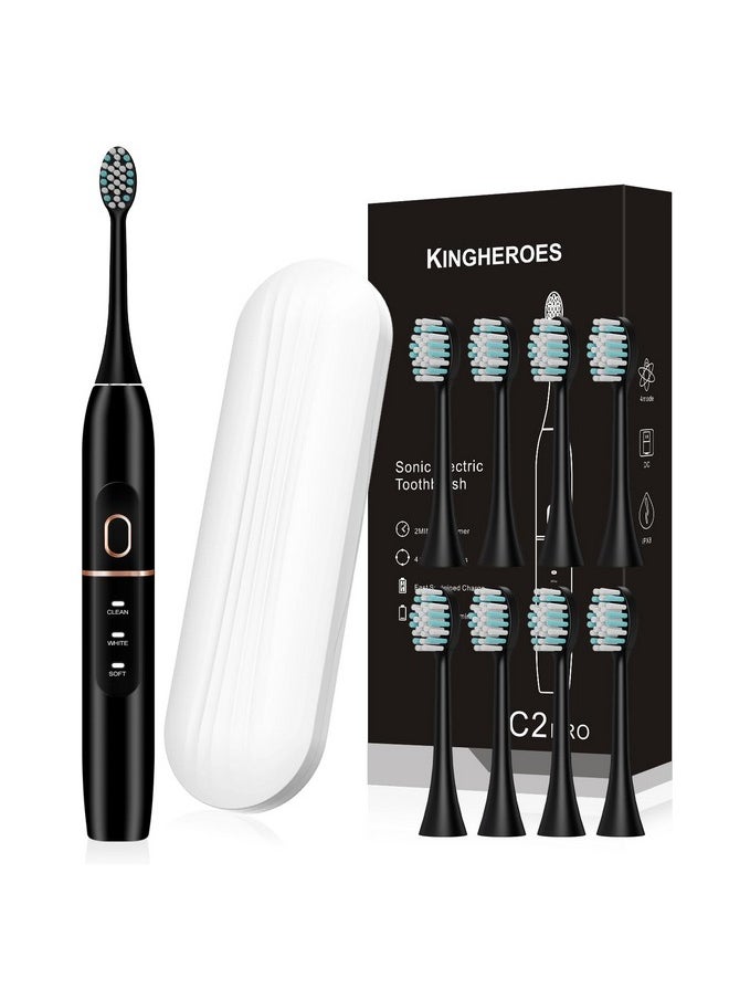 Electric Toothbrush Set, Comes With 8 Brush Heads & Travel Case,4 Modes With 2 Minutes Built In Smart Timer, One Charge For 60 Days, 42000 Vpm Motor (Black)