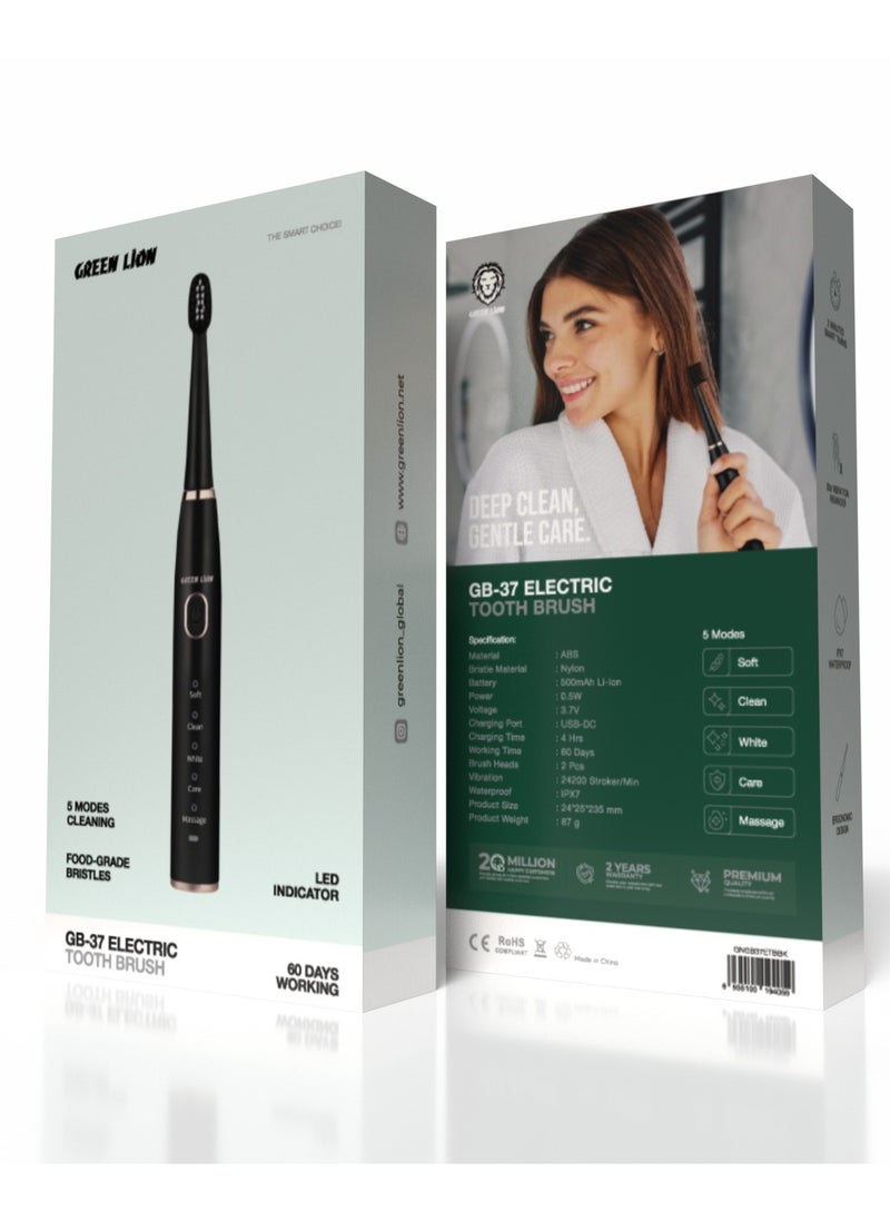 GB-37 Electric Toothbrush with Brush Heads and 5 Modes Cleaning /Sensitive/Clean/ White/Care/Massage/ Ergonomic Design / Complete Care Electric Toothbrush - Black