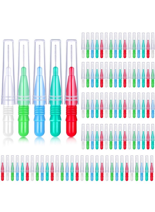 100 Pcs Braces Dental Brush Flosser For Cleaner Interdental Brush Toothpick Dental Tooth Flossing Head Oral Dental Toothpick Cleaners Cleaning Tool (Red White Green Light Green, Light Blue)