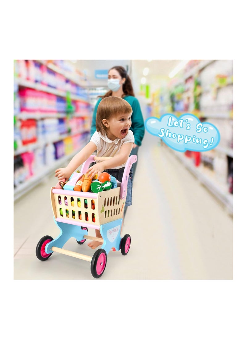 Wooden Kids Shopping Cart with Pretend Play Food Accessories – Baby Push Walker & Educational Toy for Learning to Walk, Pretend Play Grocery Cart for Toddlers Ages 3-5, Birthday Gift for Boys & Girls