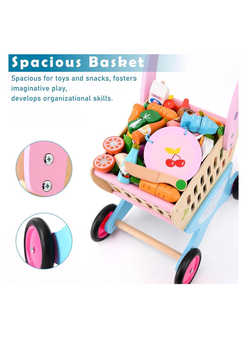 Wooden Kids Shopping Cart with Pretend Play Food Accessories – Baby Push Walker & Educational Toy for Learning to Walk, Pretend Play Grocery Cart for Toddlers Ages 3-5, Birthday Gift for Boys & Girls