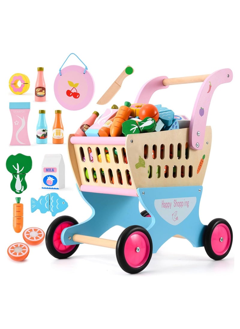 Wooden Kids Shopping Cart with Pretend Play Food Accessories – Baby Push Walker & Educational Toy for Learning to Walk, Pretend Play Grocery Cart for Toddlers Ages 3-5, Birthday Gift for Boys & Girls