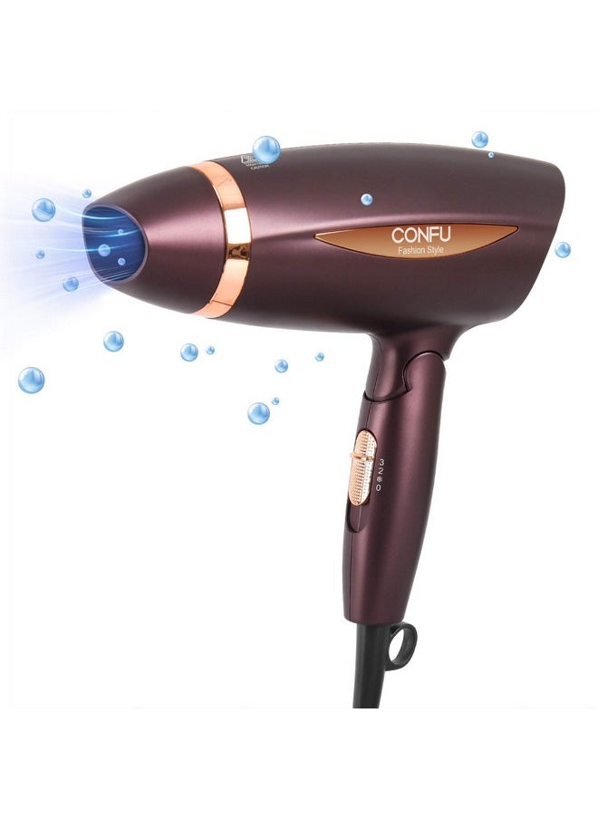 Portable Folding Hair Dryer, Confu 1600W Ceramic Tourmaline Blowdryer For Home Travel, Compact Size Lightweight Blow Dryer Best For Pregnancy Kids Use （Brown）