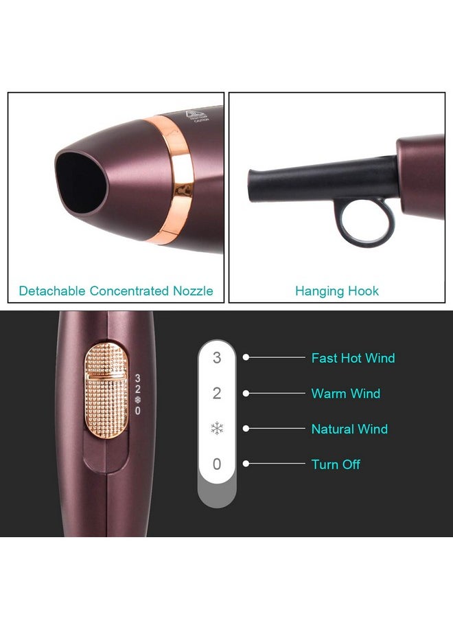 Portable Folding Hair Dryer, Confu 1600W Ceramic Tourmaline Blowdryer For Home Travel, Compact Size Lightweight Blow Dryer Best For Pregnancy Kids Use （Brown）