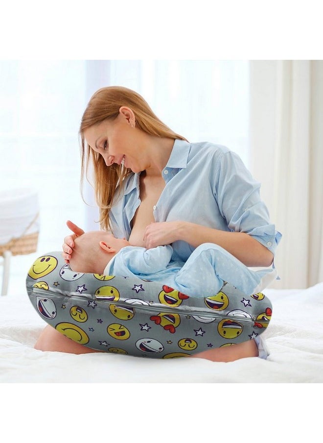 5In1 Baby Feeding Pillow With 100% Cotton Detachable Cover | With Belt And Baby Hoop | Breastfeeding Pillow | Nursing Pillow (Smiley)