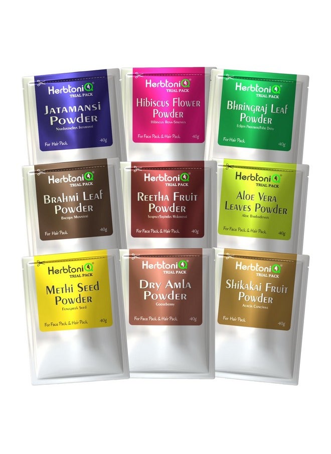 Herbal Hair Care Combo Trial Pack Of 9 Natural Herbal Powders For Pre-Shampoo Treatment, Hair Mask, And Scalp Rejuvenation - Suitable For All Hair Types - 40G Each