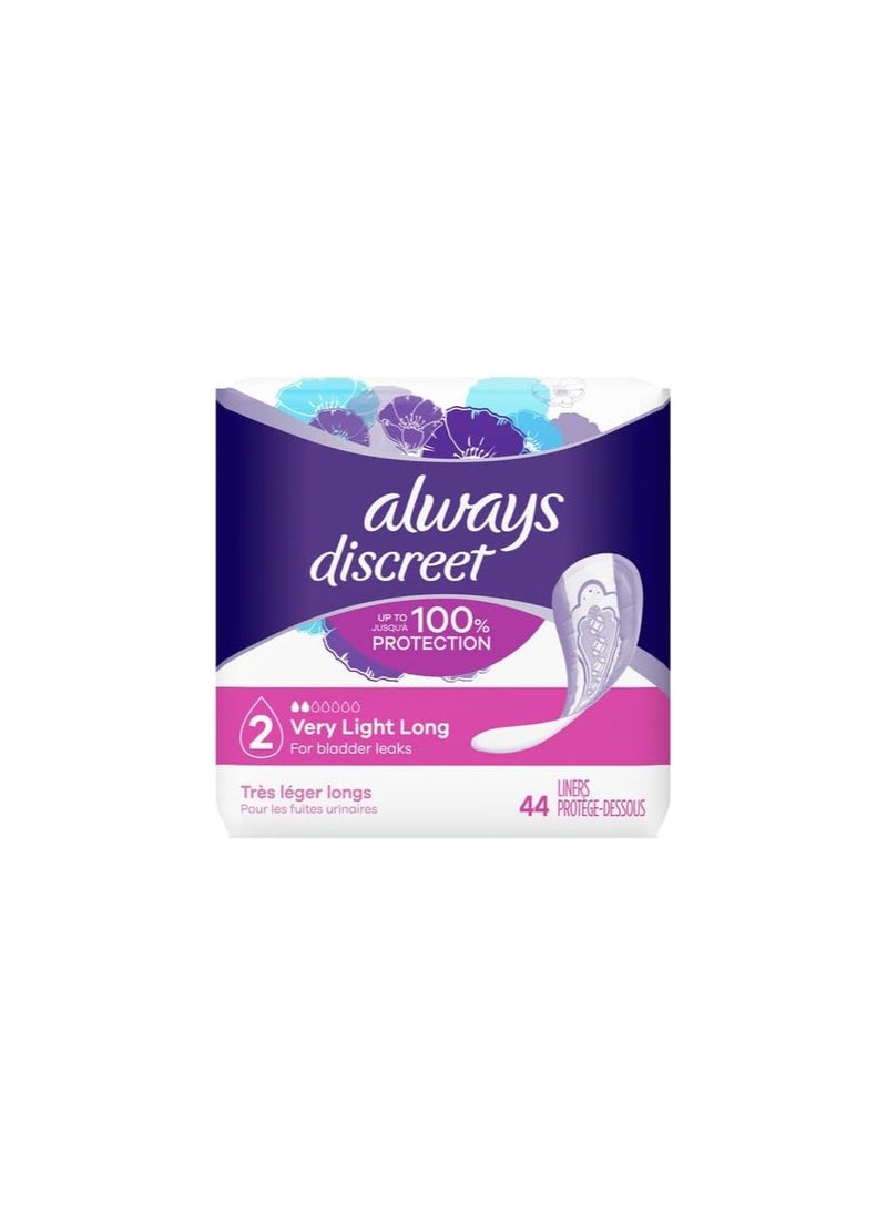 Always Discreet Adult Incontinence & Postpartum Liners For Women, Size 2, Very Light Absorbency, Long Length, 44 Count (Packaging May Vary)