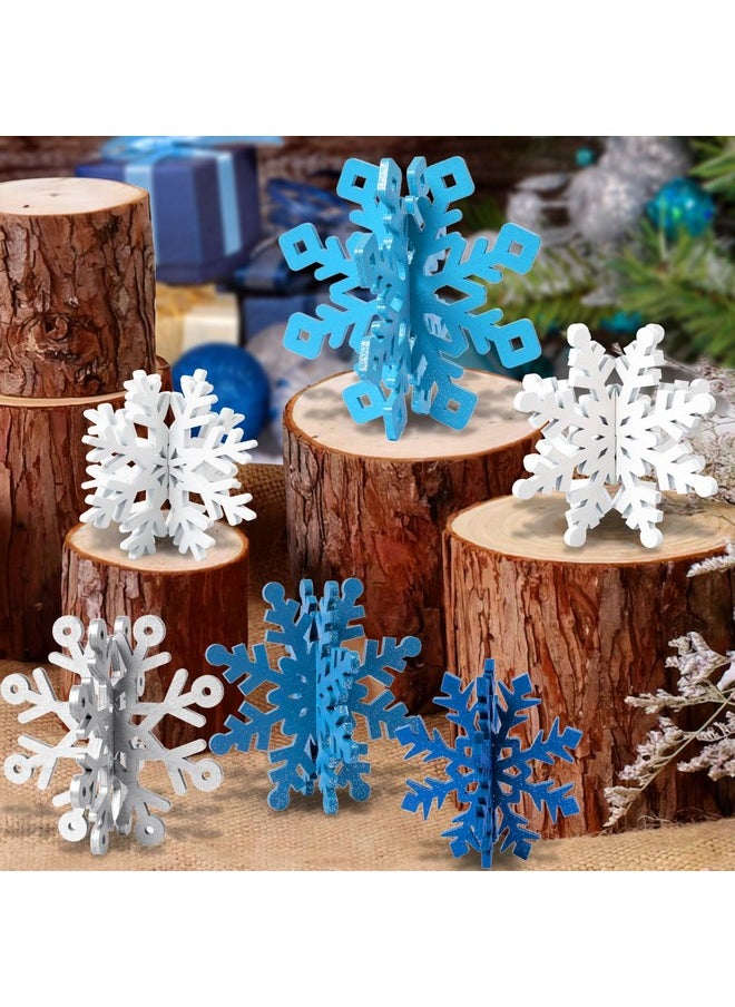 6 Set Snowflake Christmas Table Decorations - 12Pcs Blue White Glitter Wooden 3D Snowflake Decor Tabletop Centerpiece For Christmas Party Supplies Home Decor