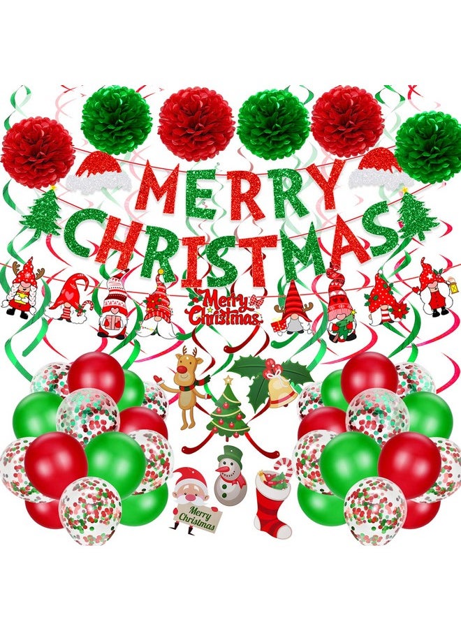 Merry Christmas Hanging Paper Banner Santa Claus Banner Pom Poms Swirl Streamers&Latex Balloons For Merry Christmas Party Decorations