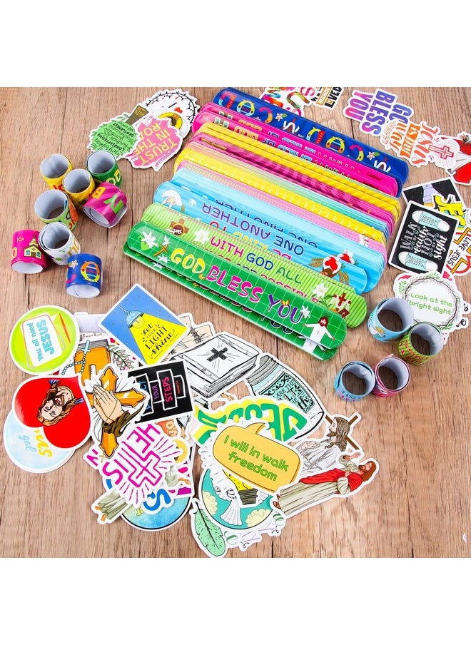 244 Pieces Bible Verses Gifts Set:144 Pieces Bible Verses Slap Bracelets Religious Christian Wristbands 100 Pieces Bible Verses Stickers For Church Gatherings And Additional Activities