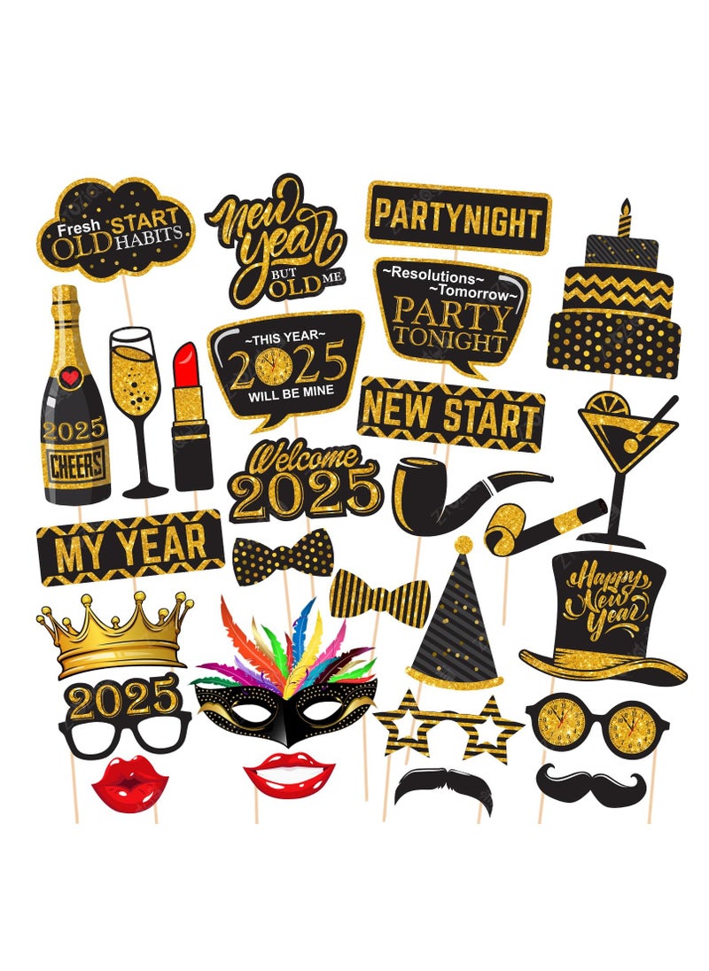 28 Pcs New Years Eve Photo Booth Props-2025 Photo Booth Props, New Years Eve Party Supplies 2025,Happy New Year Decorations 2025