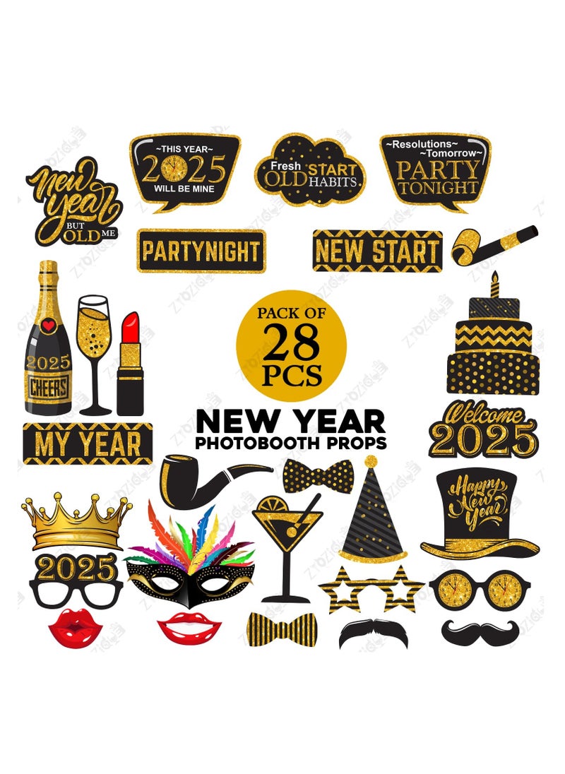 28 Pcs New Years Eve Photo Booth Props-2025 Photo Booth Props, New Years Eve Party Supplies 2025,Happy New Year Decorations 2025