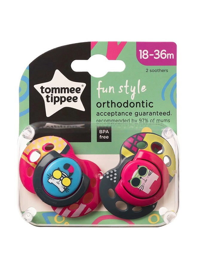 Fun Style SoothersFor Newborns, Symmetrical Orthodontic Design, BPA-Free Silicone Baglet, Includes Steriliser Box, 18-36m, Pack Of 2 Dummies, Colours And Designs Vary