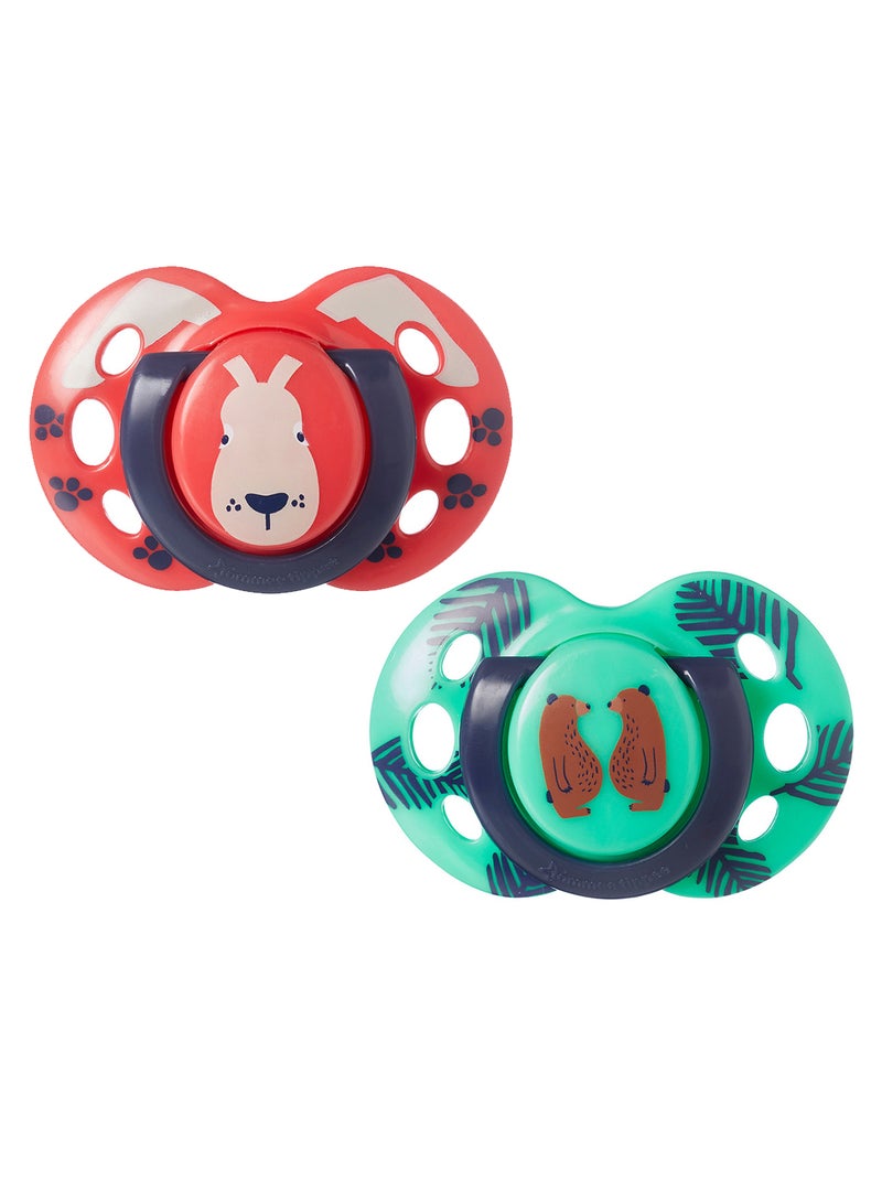 Pack Of 2 Fun Style Soothers, Symmetrical Orthodontic Design, BPA-Free Silicone Baglet 18-36 Months Colours And Designs Vary