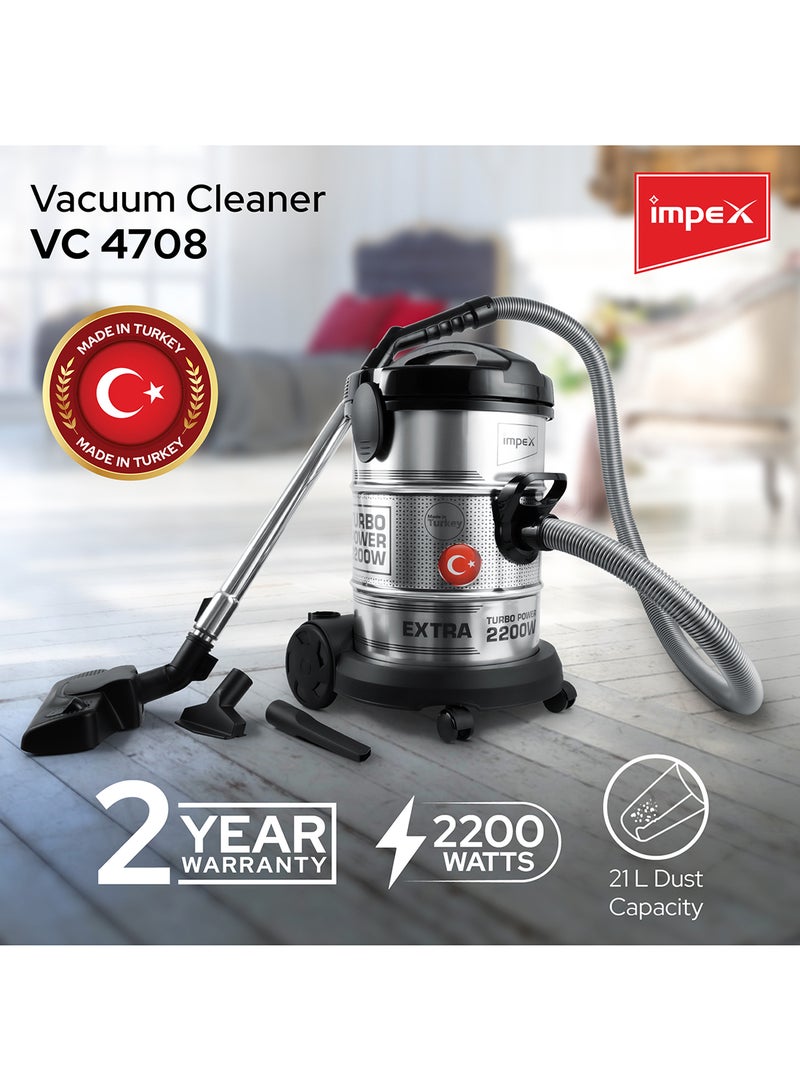 PowerPro Vacuum Cleaner VC 4708-2200W | Ultra-Capacity 21L | Advanced Accessories | High Performance And Low Noise | Strong Metal Body | Convenient Handle 21 L 2200 W VC 4708 Black/Silver