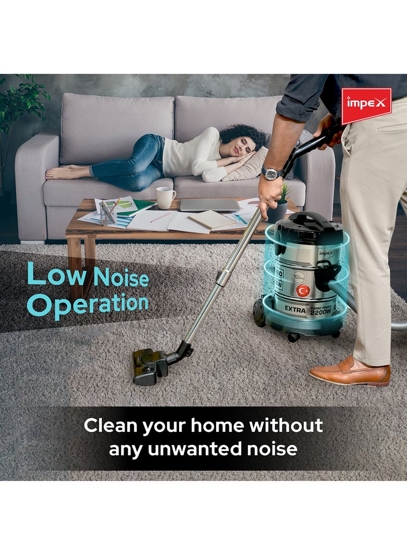 PowerPro Vacuum Cleaner VC 4708-2200W | Ultra-Capacity 21L | Advanced Accessories | High Performance And Low Noise | Strong Metal Body | Convenient Handle 21 L 2200 W VC 4708 Black/Silver